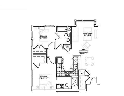 A floor plan of an apartment with two bedrooms, a living room, a bathroom, a kitchen, and a laundry area.